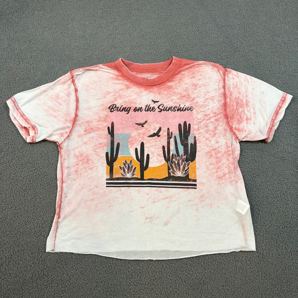 Pretty Rebel T Shirt Womens S Pink Bring on the Sunshine Cactus Acid Wash Crop